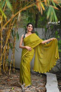 Olive Green - Green Mangalagiri Plain Cotton Saree - CS-14