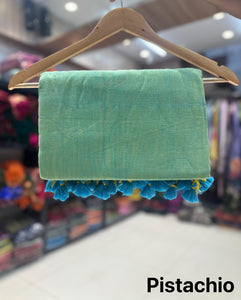 Beautiful Pista Color Cotton Plain Saree with Designer Blouse