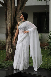 Bubblegum - Whitw Mangalagiri Plain Cotton Saree - CS-03