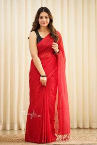 Catchy Red - Red Mangalagiri Plain Cotton Saree - CS-20