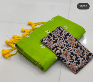 Attractive Parrot Color Saree with Designer Print Blouse