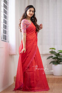 Bubblegum - Red Mangalagiri Plain Cotton Saree - CS-24