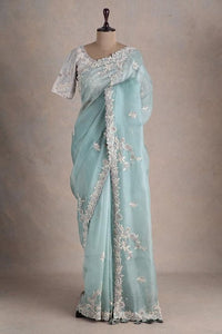 Mint Blue Thread Embroidered Organza Saree With Blouse