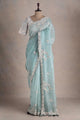 Mint Blue Thread Embroidered Organza Saree With Blouse