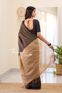 Chocolate Oreo - Black Mangalagiri Plain Cotton Saree