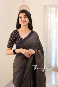 Chocolate Oreo - Black Mangalagiri Plain Cotton Saree