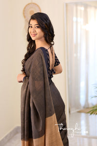 Chocolate Oreo - Black Mangalagiri Plain Cotton Saree