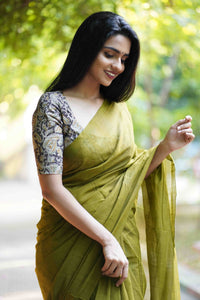 Olive Green - Green Mangalagiri Plain Cotton Saree