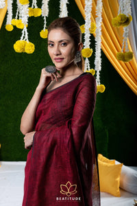 Wine Color Handwoven Linen Saree