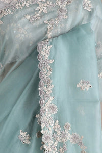 Mint Blue Thread Embroidered Organza Saree With Blouse