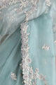 Mint Blue Thread Embroidered Organza Saree With Blouse