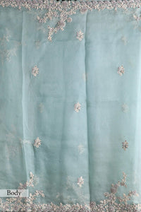 Mint Blue Thread Embroidered Organza Saree With Blouse