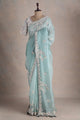 Mint Blue Thread Embroidered Organza Saree With Blouse