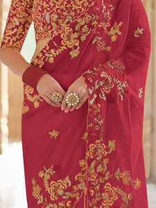 Red Organza Embroidered Saree With Designer Blouse