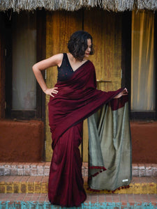 Maroon Acrylic Cotton Saree With Blouse Piece