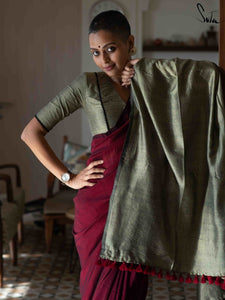 Maroon Acrylic Cotton Saree With Blouse Piece