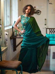 Green And Blue Acrylic Cotton Saree With Blouse Piece