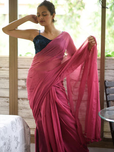 Pink Soft Mulmul Cotton Simple Saree With Tassels