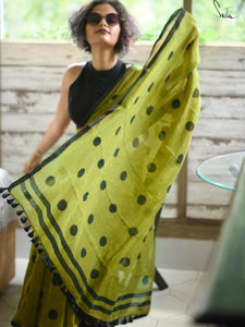 Green Mulmul Cotton Printed Polka Dot Saree With Tassels