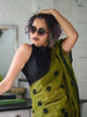 Green Mulmul Cotton Printed Polka Dot Saree With Tassels