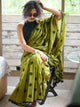 Green Mulmul Cotton Printed Polka Dot Saree With Tassels