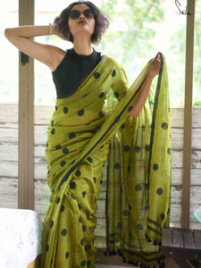 Green Mulmul Cotton Printed Polka Dot Saree With Tassels