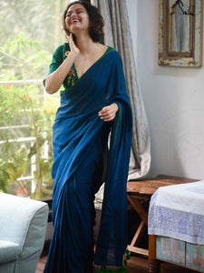 Blue Viscose Mul Cotton Saree With Tassels