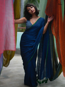 Blue Viscose Mul Cotton Saree With Tassels