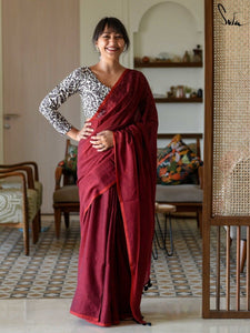 Maroon Mulmul Cotton Plain Saree With Tassels