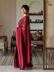 Maroon Mulmul Cotton Plain Saree With Tassels