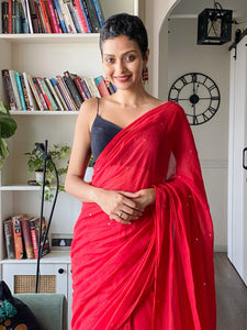 Red Mulmul Cotton Soft Saree With Sequins