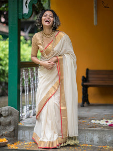 Off White Mulmul Cotton Saree With Zari Border