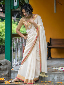 Off White Mulmul Cotton Saree With Zari Border