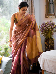 Golden Pink Linen Zari Saree With Blouse Piece