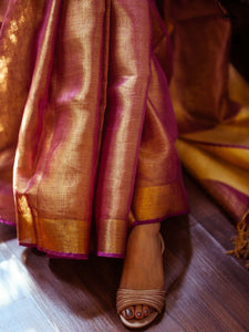 Golden Pink Linen Zari Saree With Blouse Piece