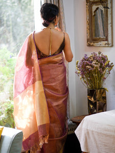 Golden Pink Linen Zari Saree With Blouse Piece