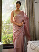 Pink And Silver Linen Zari Saree WIth Blouse Piece