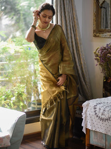 Black Golden Linen Zari Saree With Blouse Piece