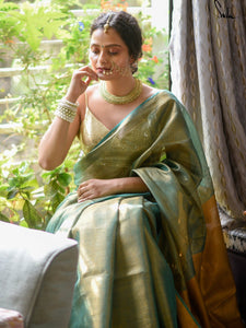 Green And Yellow Linen Zari Saree WIth Blouse Piece