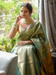 Green And Yellow Linen Zari Saree WIth Blouse Piece