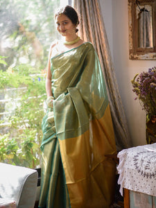 Green And Yellow Linen Zari Saree WIth Blouse Piece