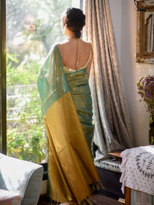 Green And Yellow Linen Zari Saree WIth Blouse Piece