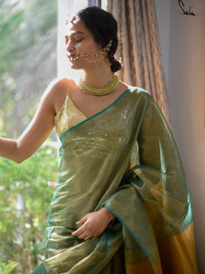 Green And Yellow Linen Zari Saree WIth Blouse Piece