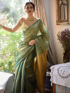 Green And Yellow Linen Zari Saree WIth Blouse Piece