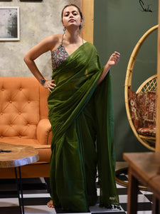 Olive Green Mulmul Cotton Saree With Tassels