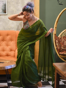 Olive Green Mulmul Cotton Saree With Tassels