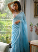 Mulmul Cotton Sky Blue Saree With Sequins And Tassels